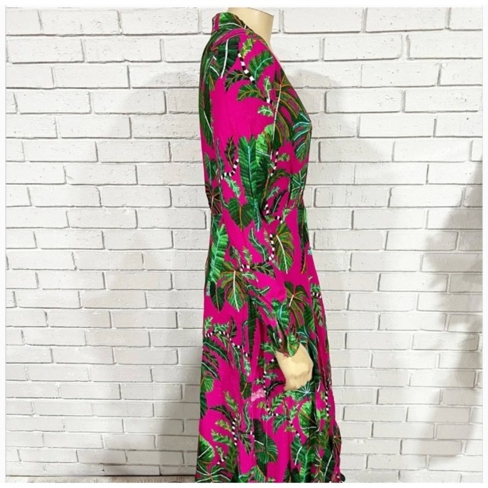 Farm Rio Pink Tropical Leaf Print Deep V-Neck Long Sleeve Maxi Dress Woman - Picture 14 of 14